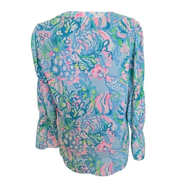 Lilly Pulitzer Womens Maritza Lileeze Button Front Blouse Ibiza Blue Aqua Small - Picture 5 of 11